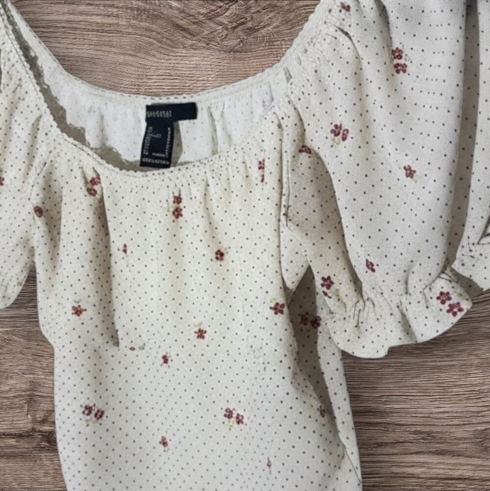 Coquette Cottagecore Crop Top‎ Sz S Sheer Floral Puff Sleeve Mesh